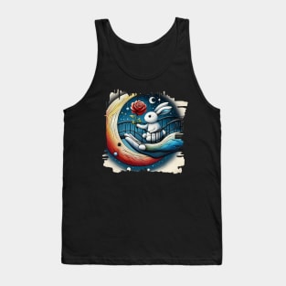 Illustration of a Rabbit stands on a bridge and gives a rose to the moon. Tank Top